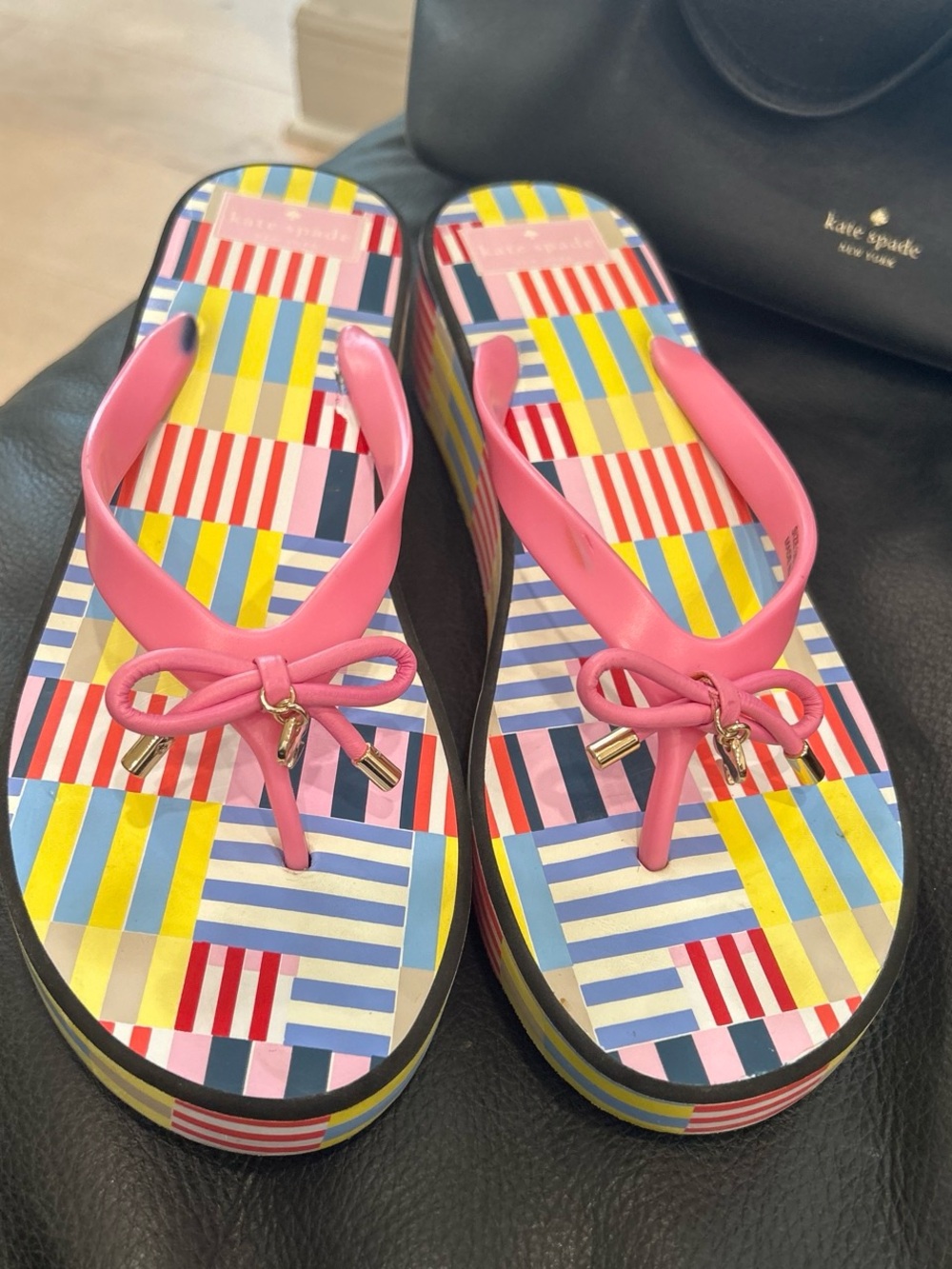 kate spade Pink Bow Platform Sandals with Multicolor Striped Footbed